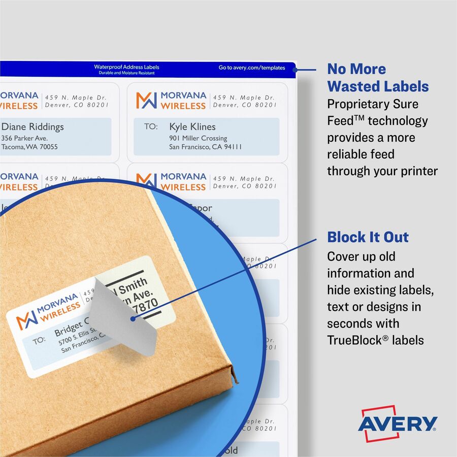 Avery® White Rectangle Labels with Sure Feed„¢ Technology, TrueBlock®, 3-1/2" x 5" , for Laser and Inkjet Printers