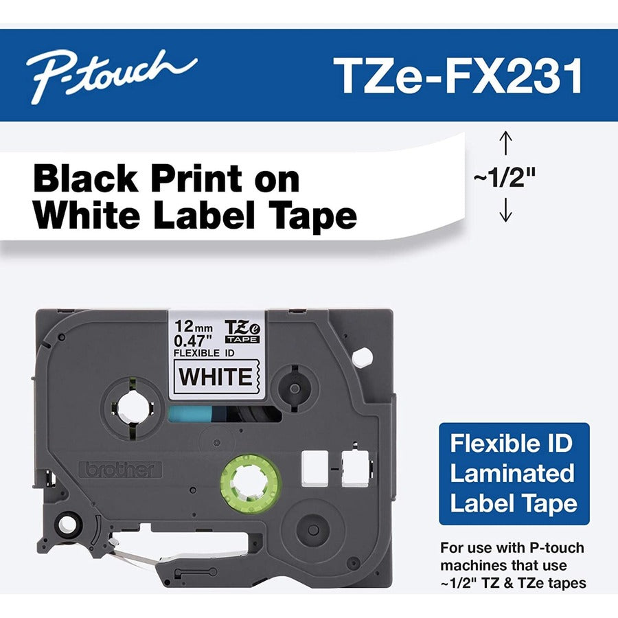 Ruban pour étiqueteuse Brother TZe-FX231 – 12 mm noir sur blanc