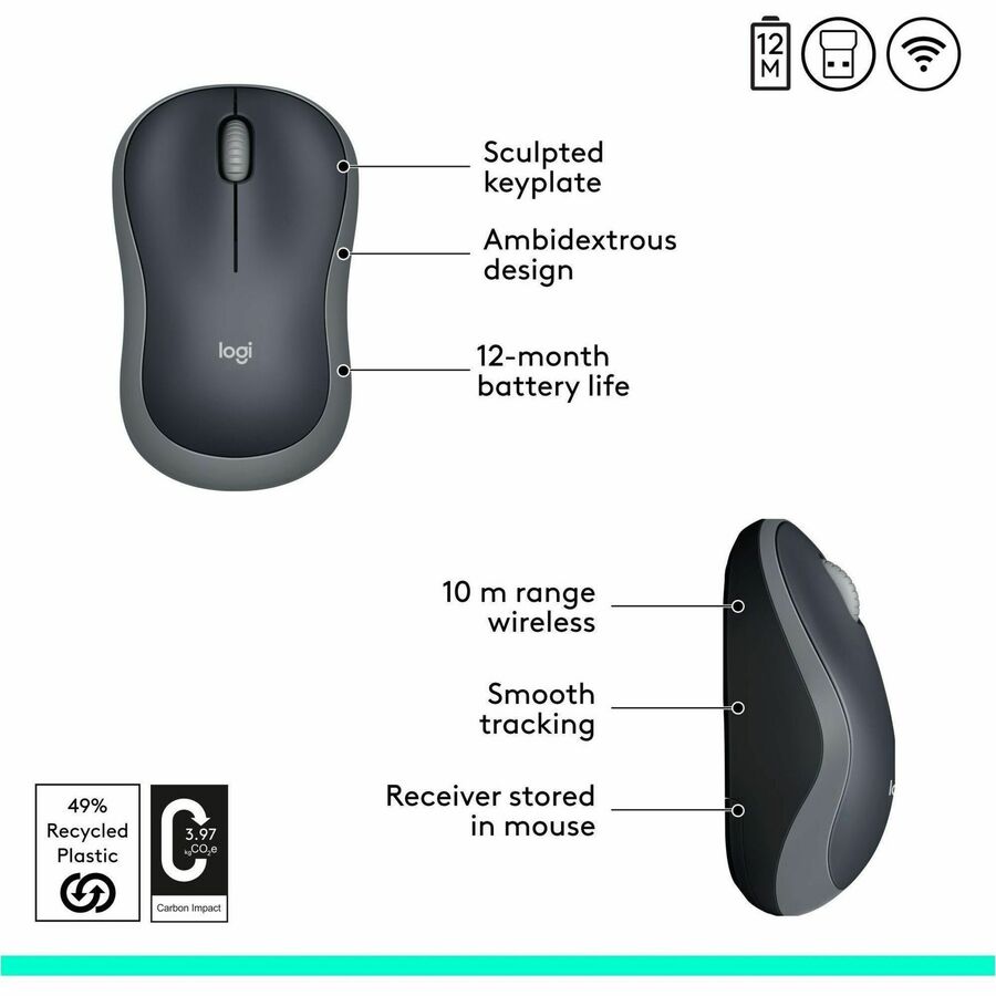 Souris sans fil Logitech M185, 2,4 GHz avec mini récepteur USB, autonomie de 12 mois, suivi optique 1000 DPI, ambidextre, compatible PC, Mac, ordinateur portable (Gris rapide)