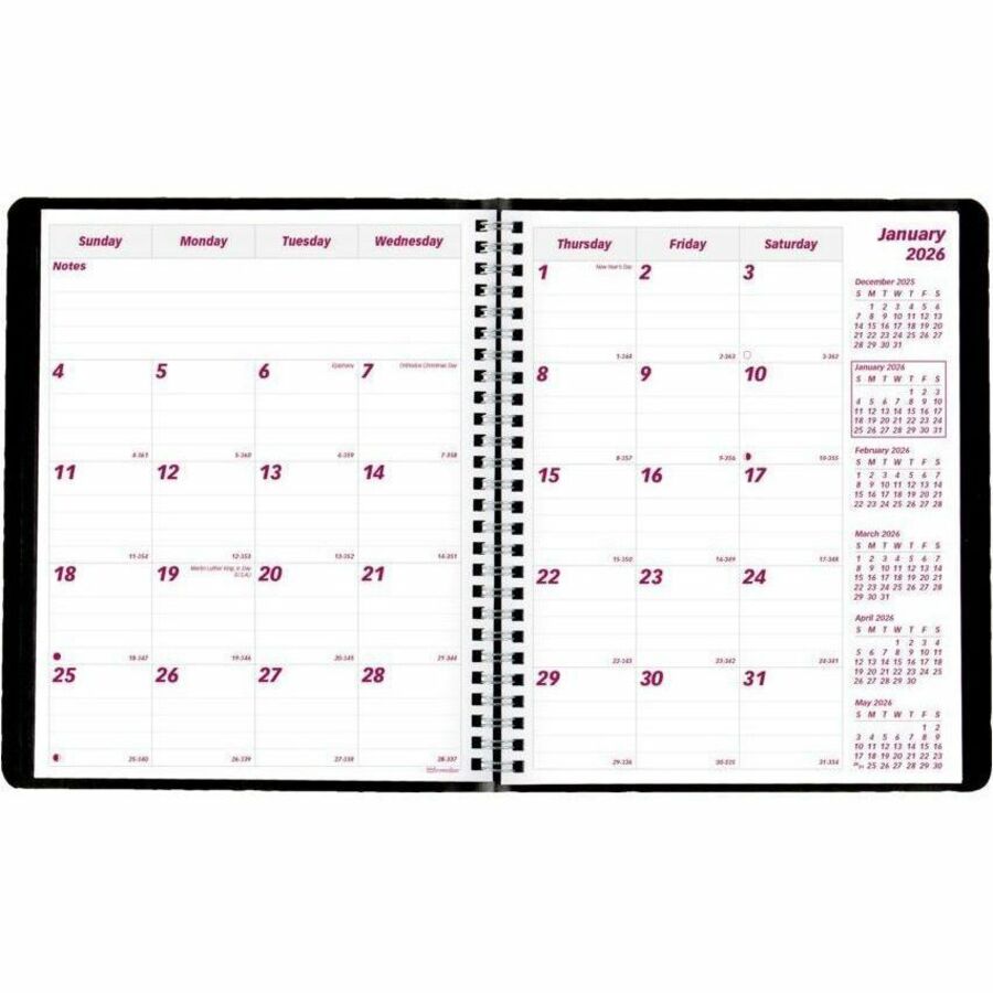 Brownline® Essential Monthly Diary 14 Month Twin Wire 8-7/8x7-1/8" English Black