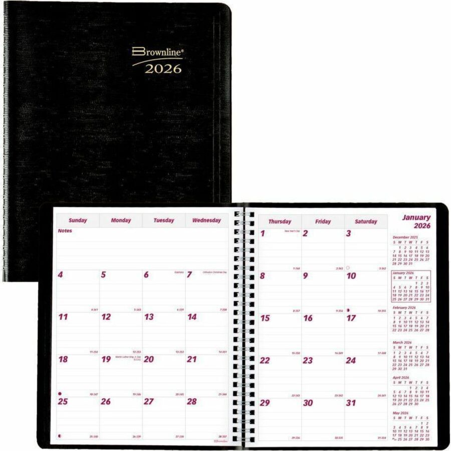 Brownline® Essential Monthly Diary 14 Month Twin Wire 8-7/8x7-1/8" English Black