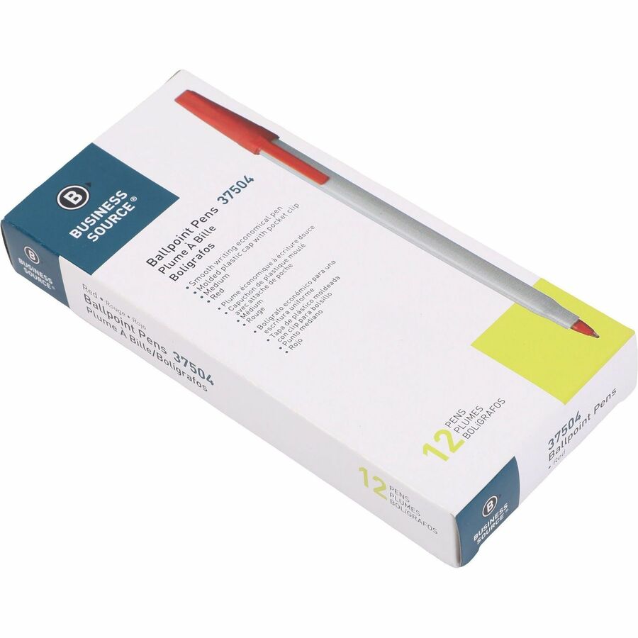Business Source Ballpoint Stick Pens — Red, Medium Point, Dozen