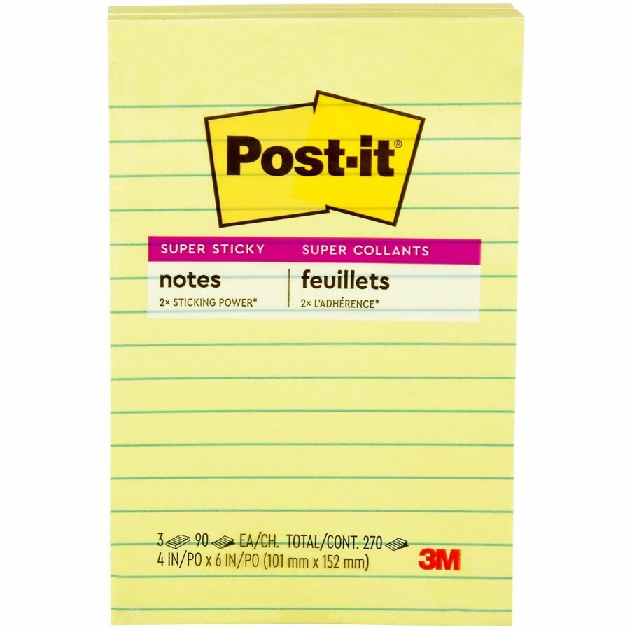 Blocs-notes lignés Post-it® Super Sticky | 101,6 x 152,4 mm | Jaune Canari | 90 feuilles/bloc | 3 blocs/paquet