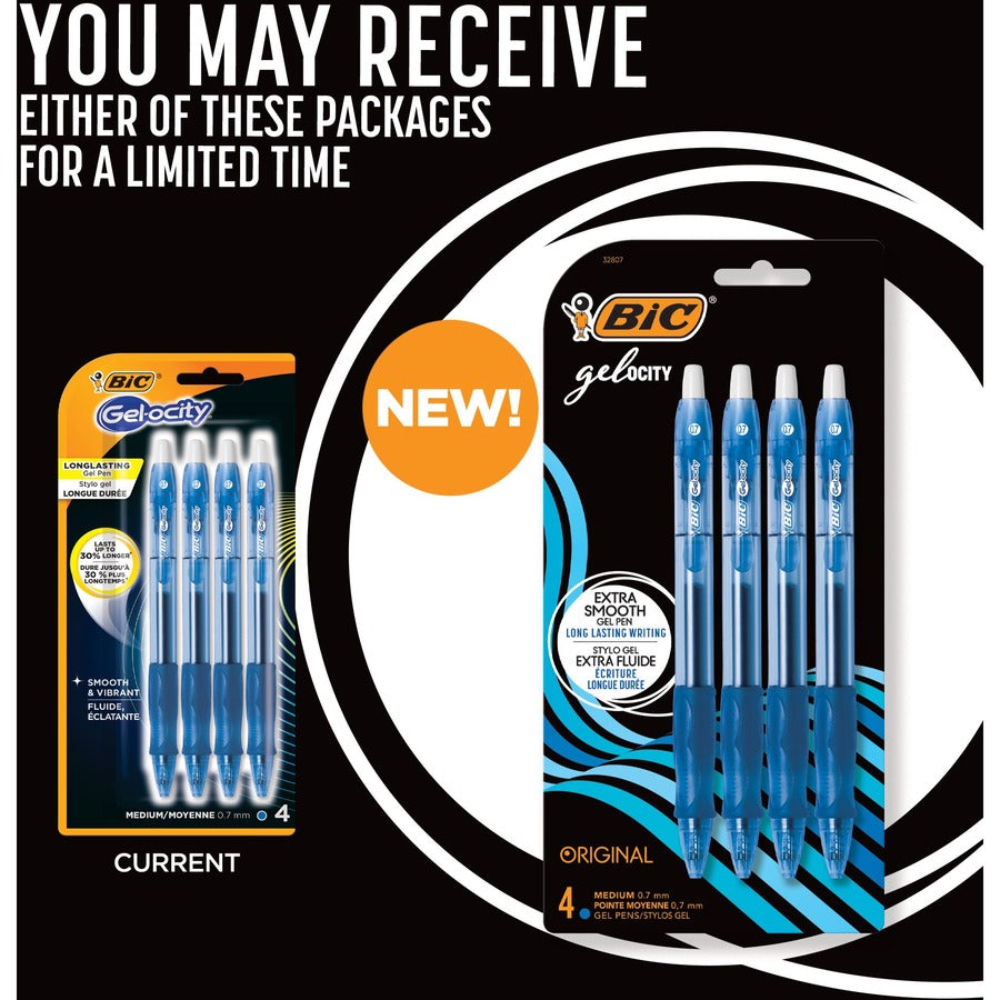 BIC Gel-ocity Original Blue Gel Pens, Medium Point (0.7mm), 4-Count Pack, Retractable Gel Pens With Comfortable Grip