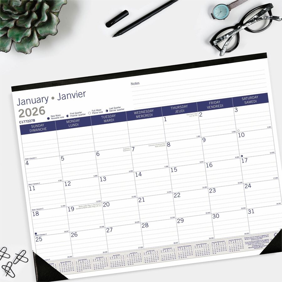 Bloc/Calendrier de bureau mensuel Blueline 2026 DuraGlobe 12 mois – Janvier à Décembre – 22" x 17", Bilingue