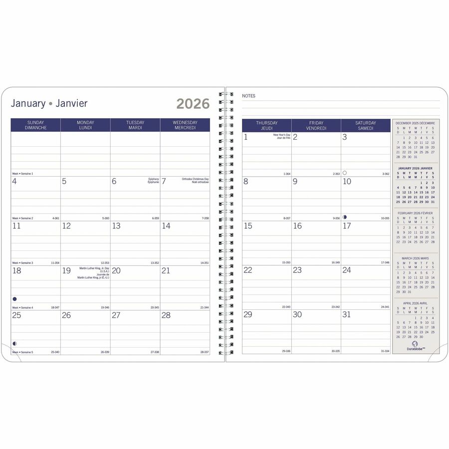Agenda mensuel Blueline DuraGlobe 2026 de 14 mois - Décembre à janvier - 8-7/8 po x 7-1/8 po - Noir - Bilingue