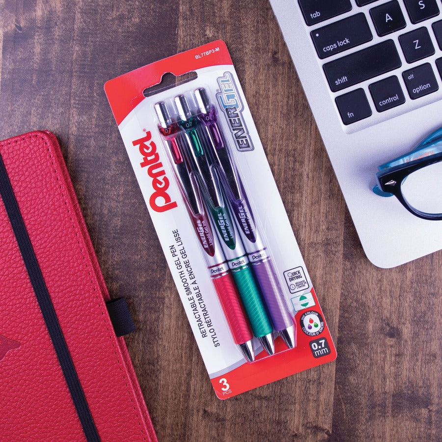 Pentel EnerGel BL77 Retractable Gel Pen 0.7mm – Assorted, 3-Pack (Red, Purple, Green)