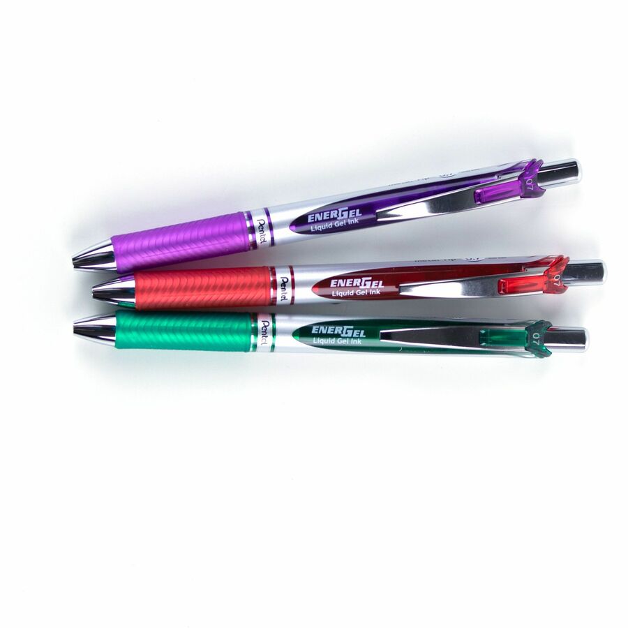 Pentel EnerGel BL77 Retractable Gel Pen 0.7mm – Assorted, 3-Pack (Red, Purple, Green)