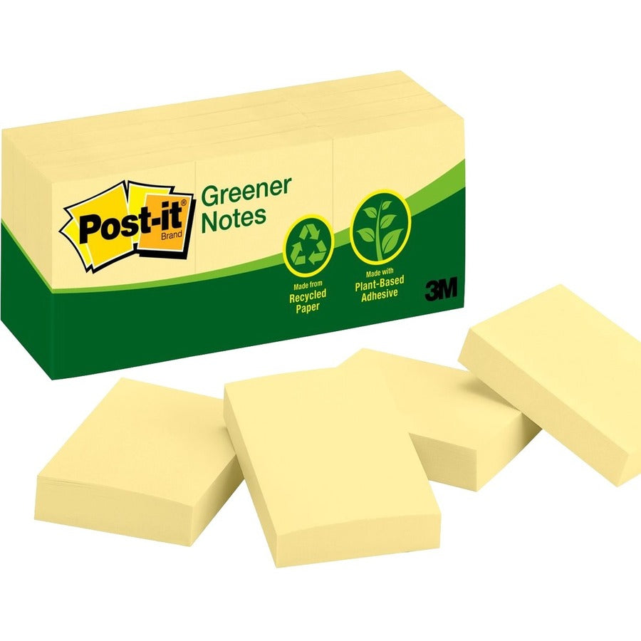 Post-it® Greener Notes, Canary Yellow, 1 ½" (36 mm) Width x 2" (51 mm), 12/Pack, 653-RP