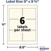 Étiquettes rectangulaires Avery, impression bord à bord, ivoire nacré, 76,2 x 95,25 mm, 48 étiquettes (22823)