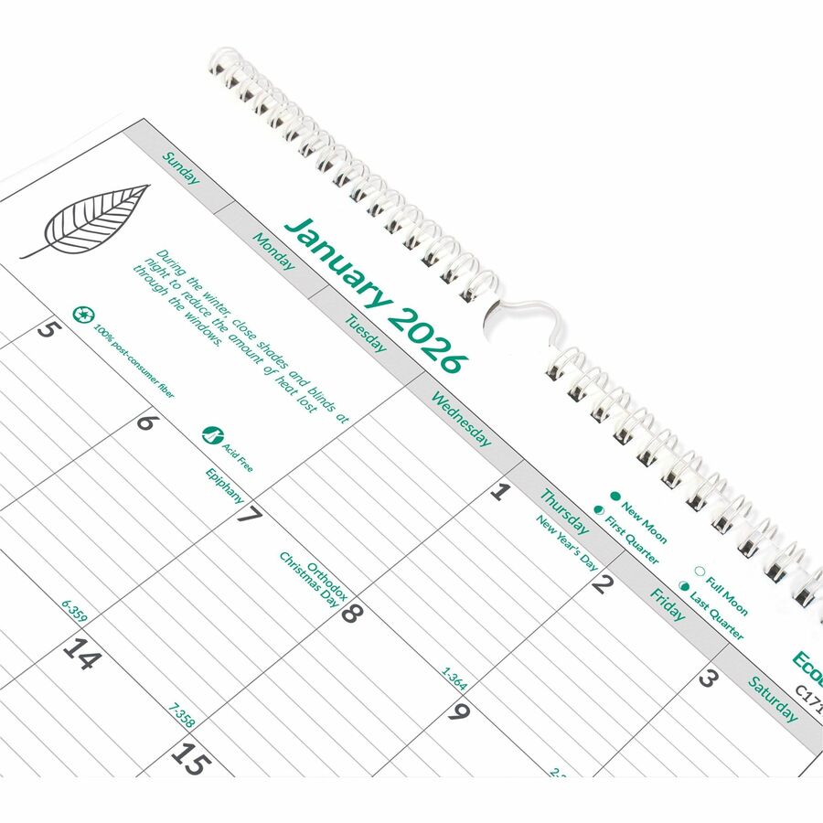 Brownline 2026 EcoLogix 12-Month Monthly Wall Calendar - January to December - 12" x 17" - English