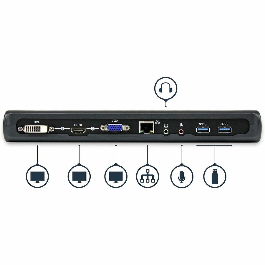 StarTech.com Dual Monitor USB 3.0 Laptop Docking Station, HDMI & DVI/VGA, 3x USB-A Hub, GbE, Audio, Universal USB-A Dock, Win/Mac, TAA