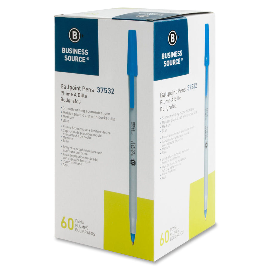 Business Source Ballpoint Stick Pens — Blue, Medium, Box of 60