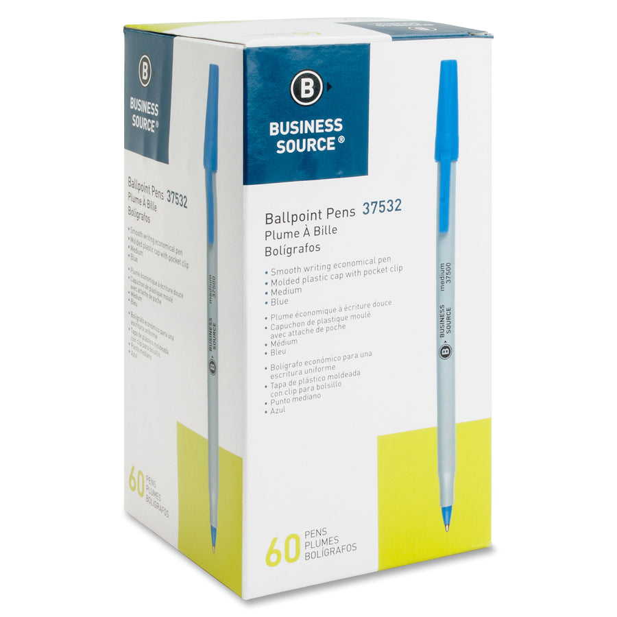 Business Source Ballpoint Stick Pens — Blue, Medium, Box of 60