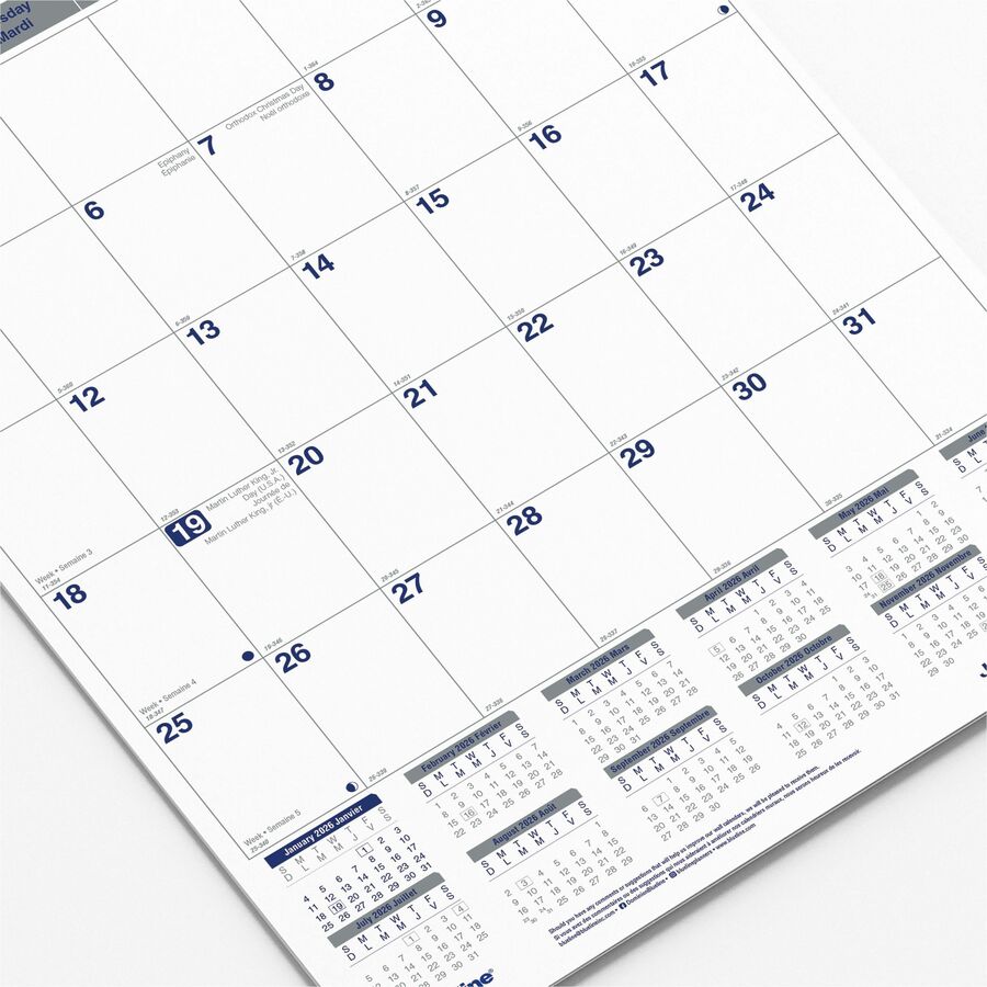 Calendrier mural mensuel Blueline 2026 carboneutralité, 12 mois - Janvier à décembre - 12" x 17" - Bilingue