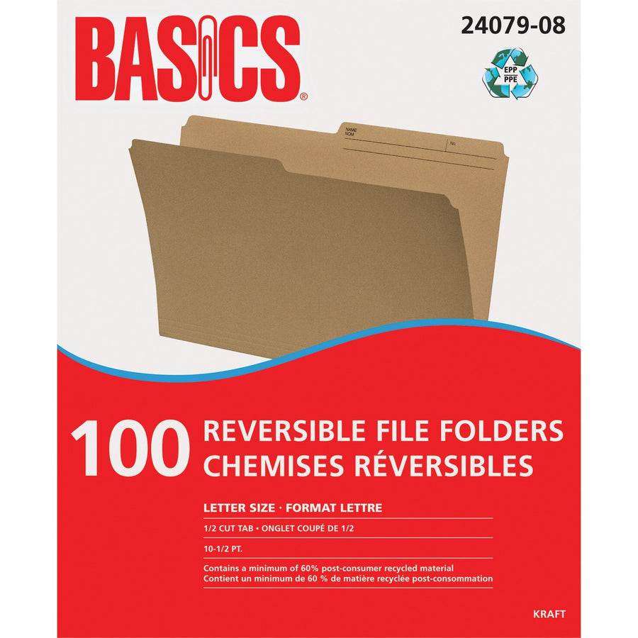 Basics Reversible File Folders - Letter, 1/2-Cut Tab, Box of 100 - Kraft