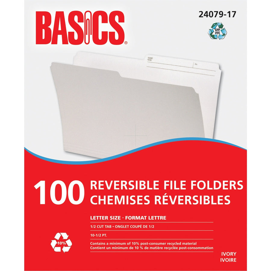 Basics Reversible File Folders - Letter, 1/2-Cut Tab, Box of 100 - Ivory