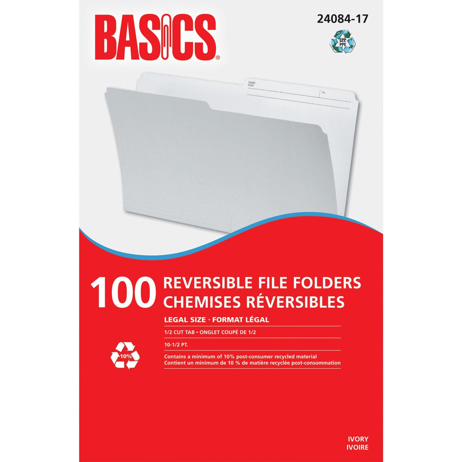 Basics Reversible File Folders - Legal, 1/2-Cut Tab, Box of 100 - Ivory