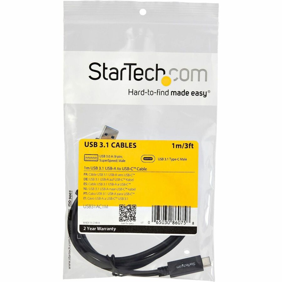 Câble USB vers USB-C de 1 m (3 pi) StarTech.com - USB 3.1 (10 Gbit/s) - Certifié USB-IF - Câble USB-A vers USB-C - Câble USB 3.1 Type-C