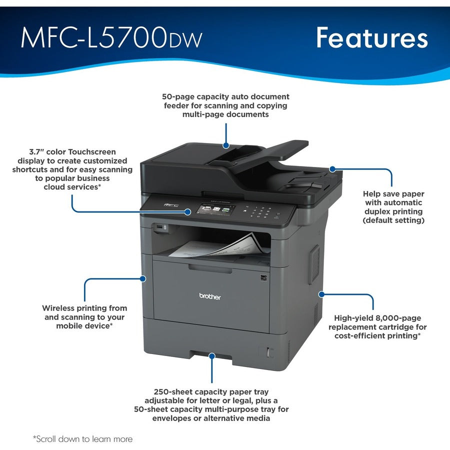 Brother MFCL5700DW All-in-One Printer Laser Monochrome Print/Scan/Copy/Fax Wireless Network Duplex