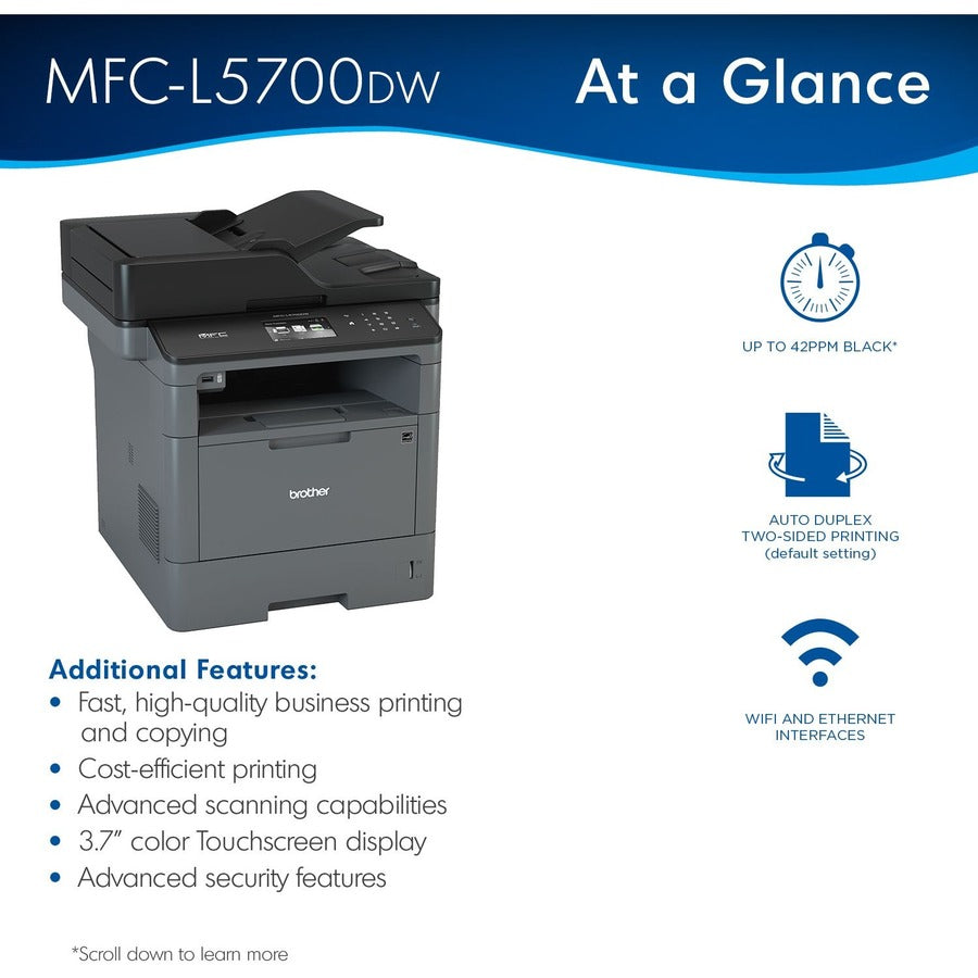 Brother MFCL5700DW All-in-One Printer Laser Monochrome Print/Scan/Copy/Fax Wireless Network Duplex