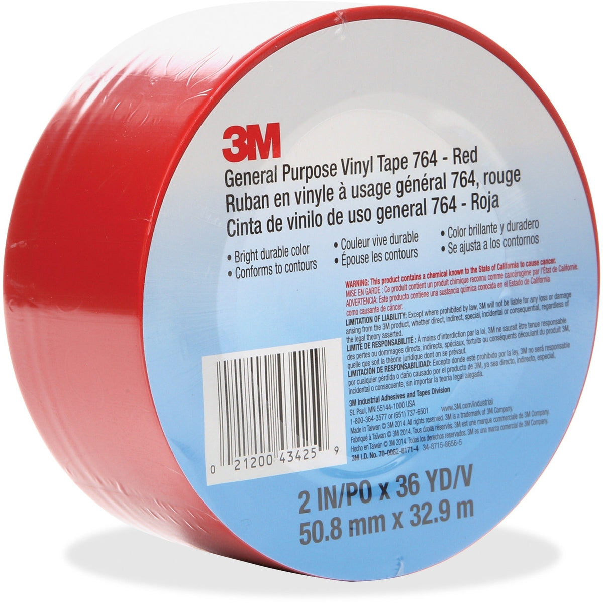 3M General Purpose 764 Vinyl Tape - Red, 2" x 36 yd