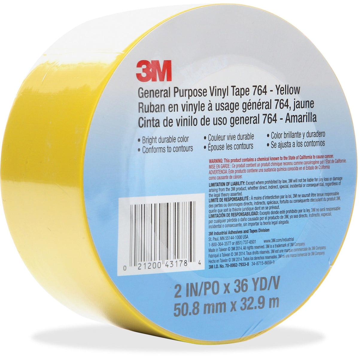 3M General Purpose 764 Vinyl Tape - Yellow, 2" x 36 yd