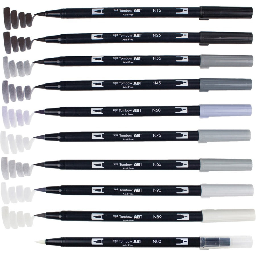 Tombow Dual Brush Art Pen 10-piece Set - Grayscale Colours