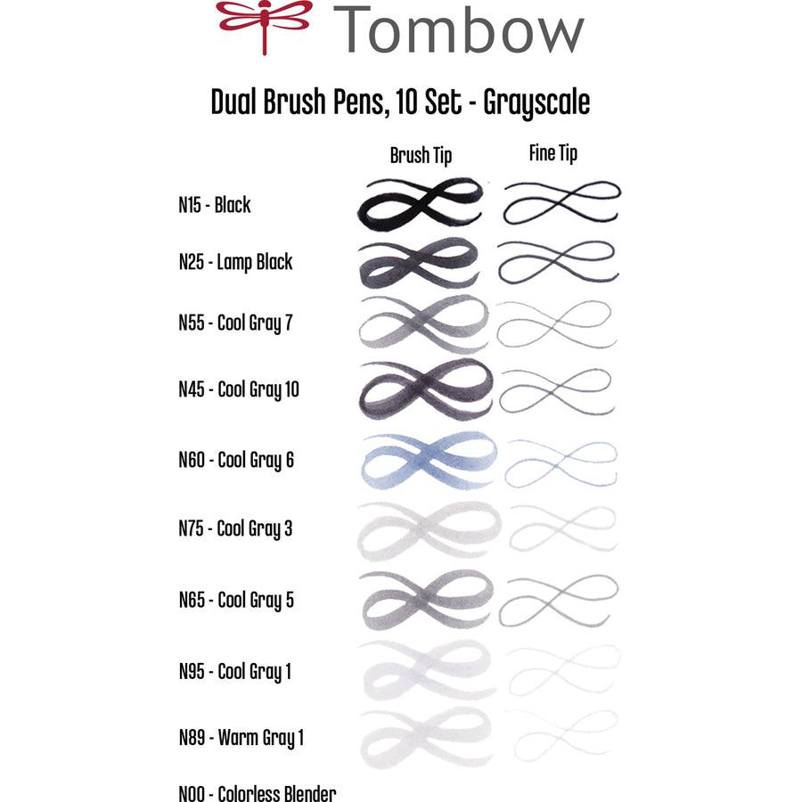 Tombow Dual Brush Art Pen 10-piece Set - Grayscale Colours