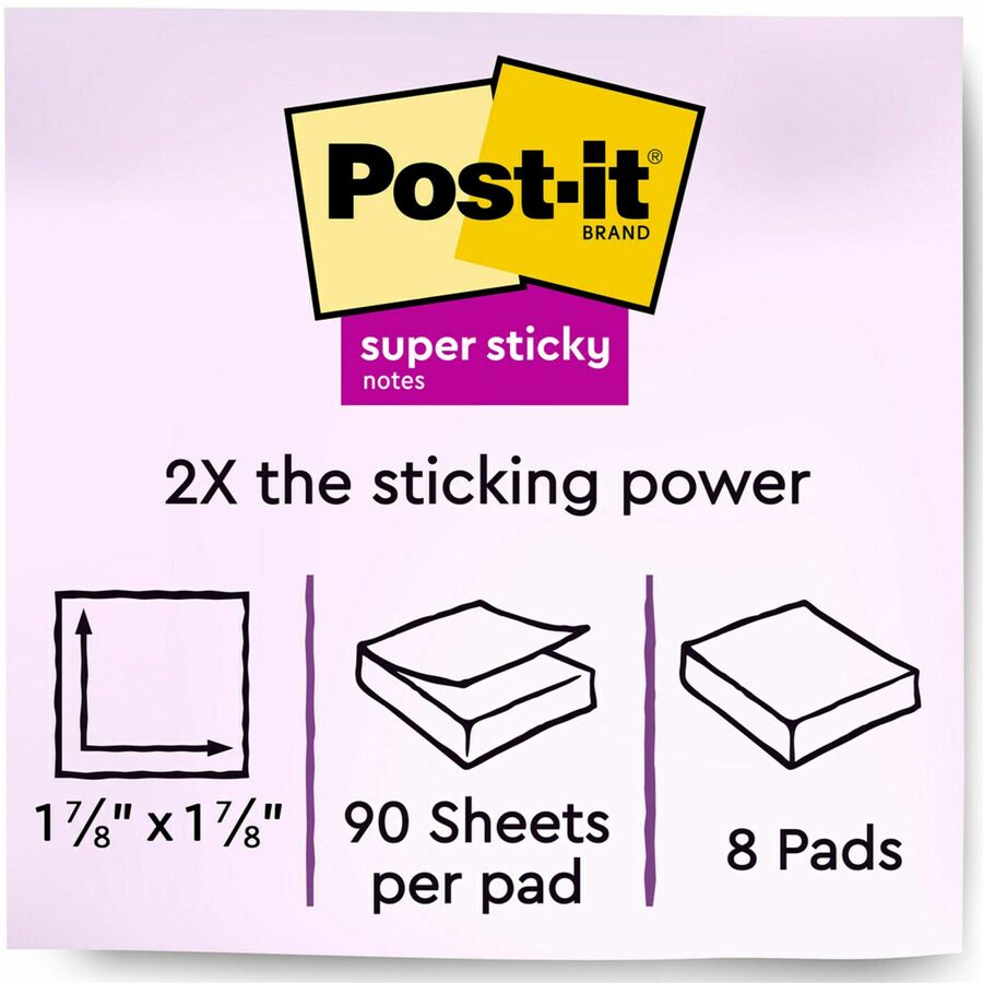 Post-it® Super Sticky Notes, Supernova Neons, 8 Pads, 2”×2” (6228SSMIA)