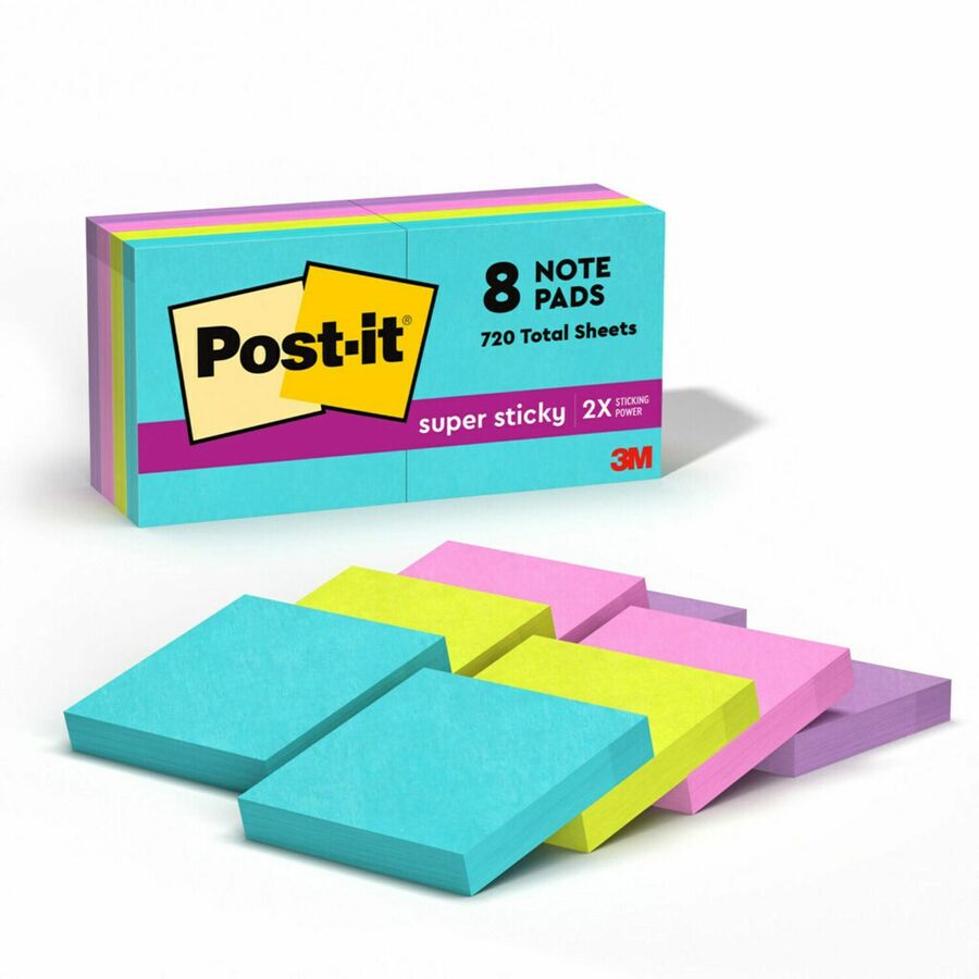 Post-it® Super Sticky Notes, Supernova Neons, 8 Pads, 2”×2” (6228SSMIA)