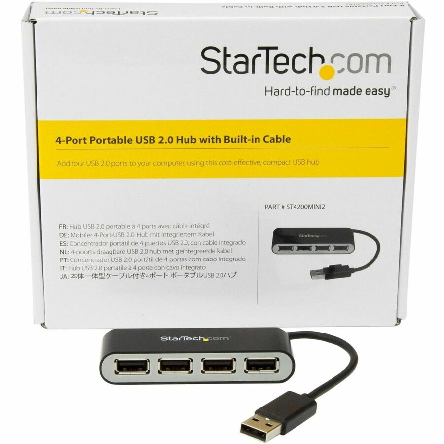 StarTech.com 4 Port Portable USB 2.0 Hub w/ Built-in Cable - 4 Port USB Hub