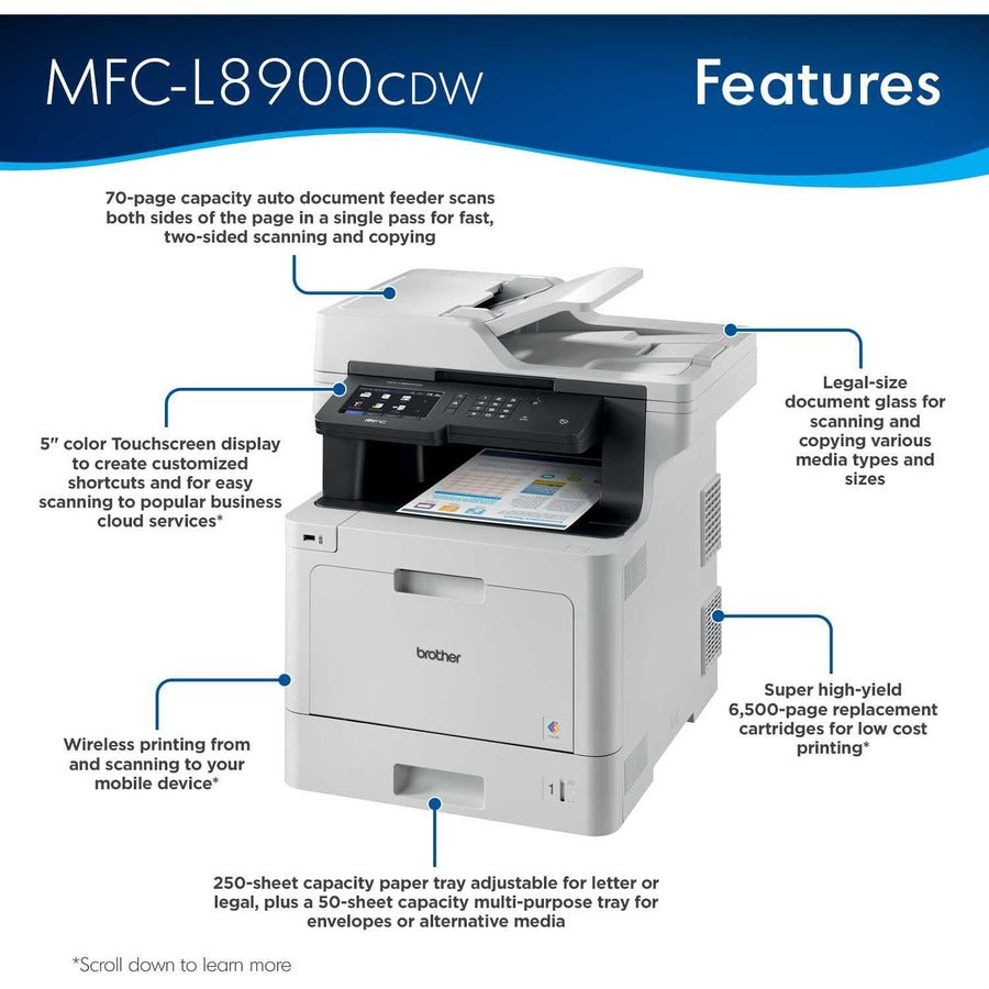 Brother MFCL8900CDW Imprimante laser couleur multifonction (impression, numérisation, copie, télécopie), réseau sans fil, recto-verso