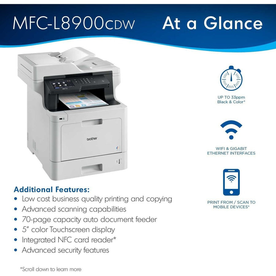 Brother MFCL8900CDW Imprimante laser couleur multifonction (impression, numérisation, copie, télécopie), réseau sans fil, recto-verso