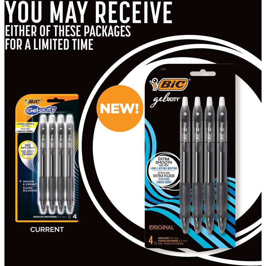 BIC Gel-ocity Original Black Gel Pens, Medium Point (0.7mm), 4-Count Pack, Retractable Gel Pens With Comfortable Grip