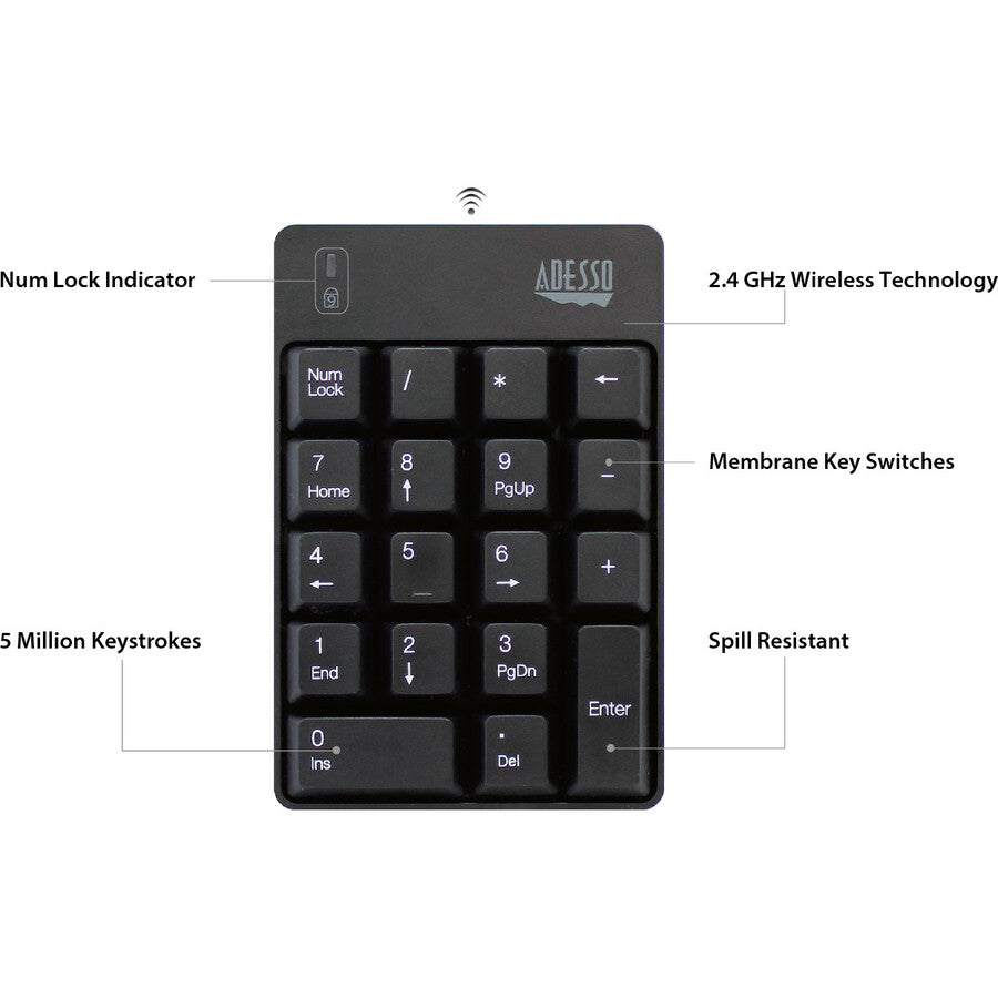 Adesso Wireless Numeric Keypad — 18-Key, Spill-Resistant