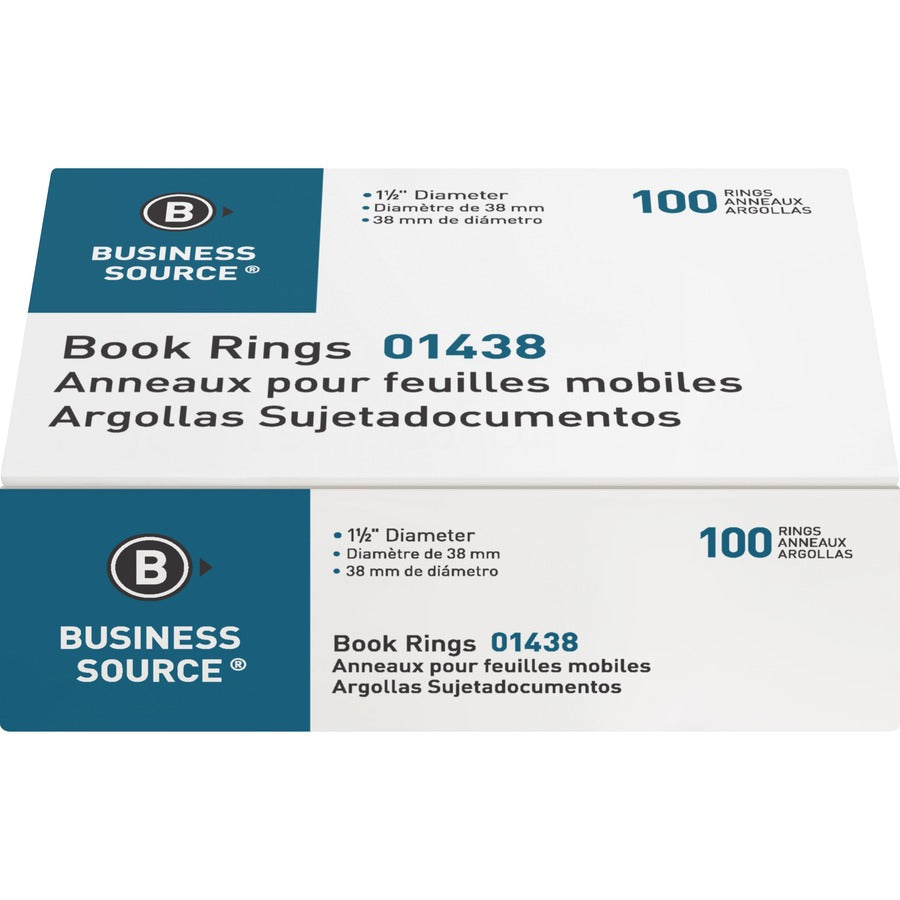 Business Source Standard Book Rings — 1.5 in Nickel-Plated, 100/Box