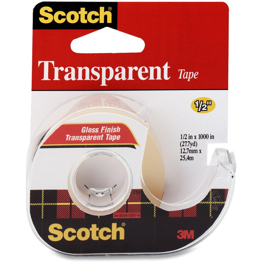 Scotch Transparent Tape with Dispenser, 1/2 in x 12.8 yd
