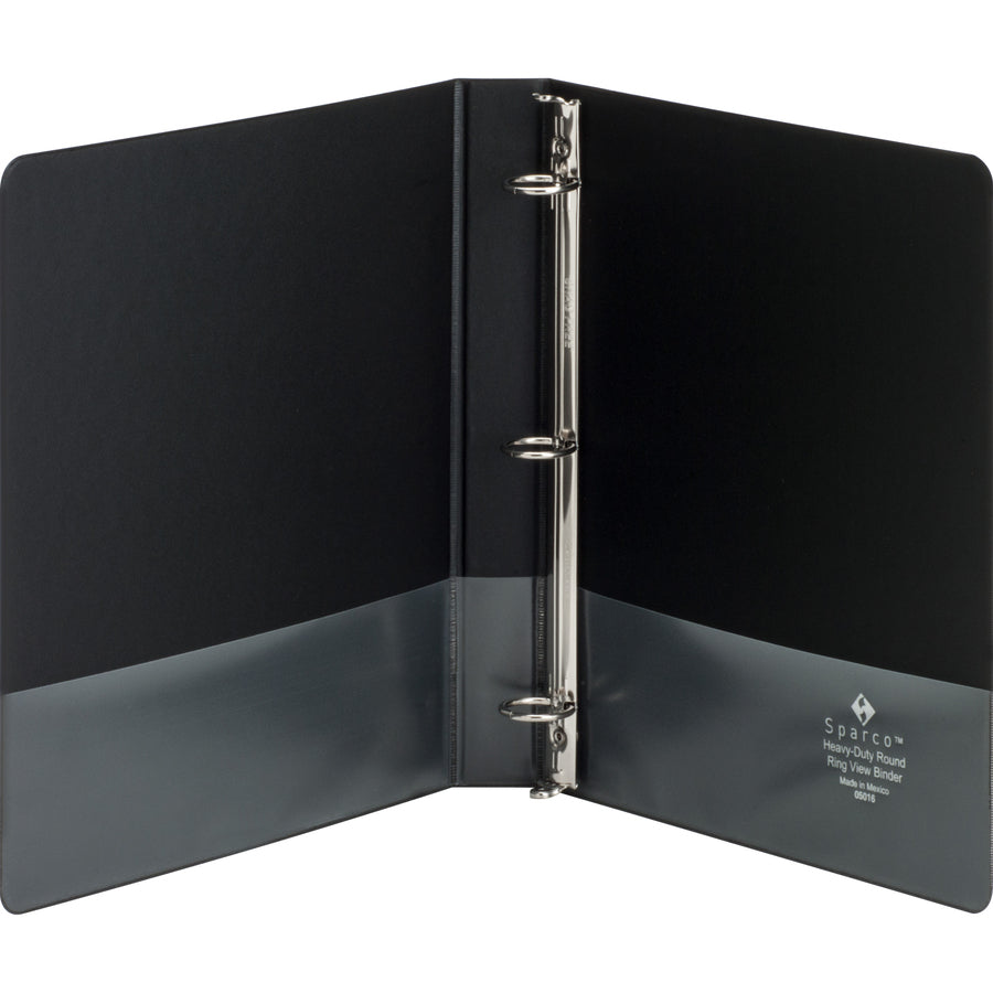 Business Source Heavy-Duty View Binder — 1", Round Ring, Black