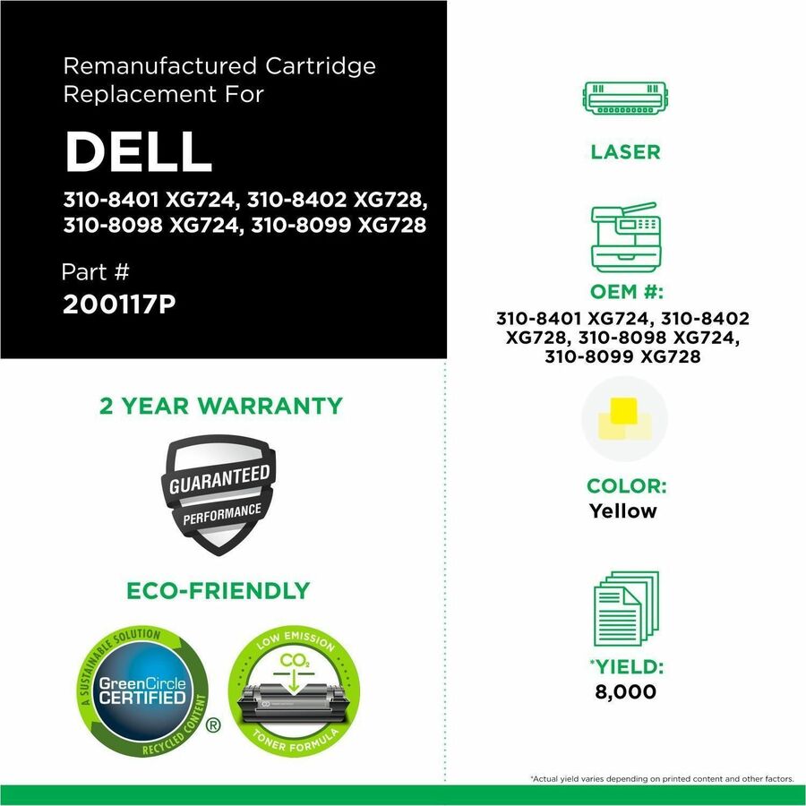 CIG Remanufactured High Yield Laser Toner Cartridge Dell 310-8098, Dell 310-8099, Dell 310-8401, Dell 310-8402, Dell XG724, Dell XG728 - Yellow - 1 Each