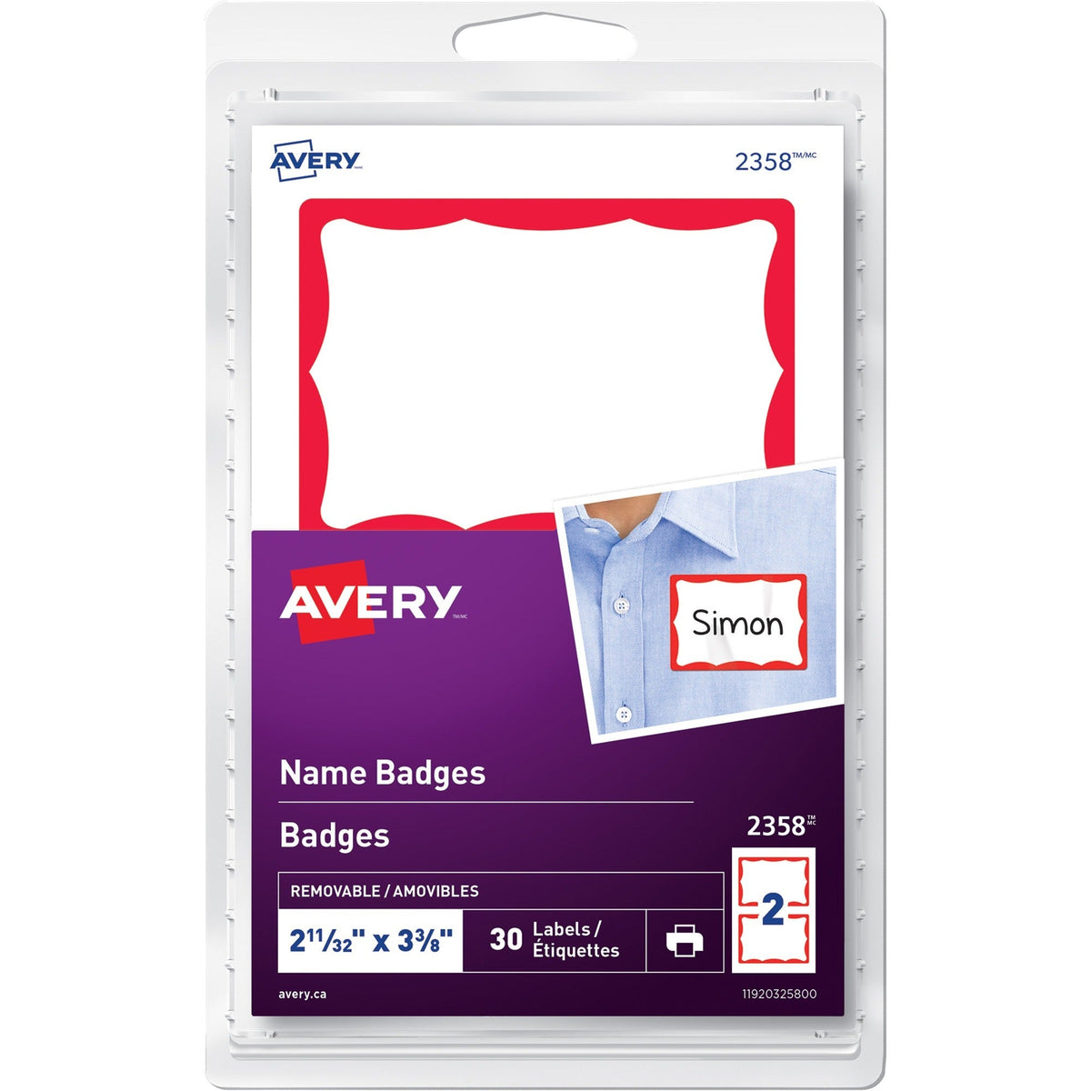 Avery Name Badge Labels - 2¹¹⁄₃₂" x 3⅜", Red Border, 30/Pack