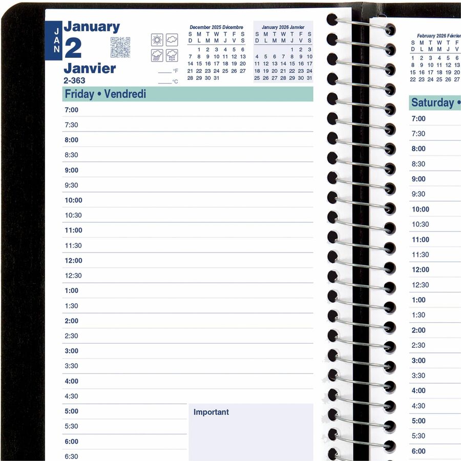 Blueline 2026 Essential 12-Month Daily Planner - January to December - 8" x 5" - Black - Bilingual