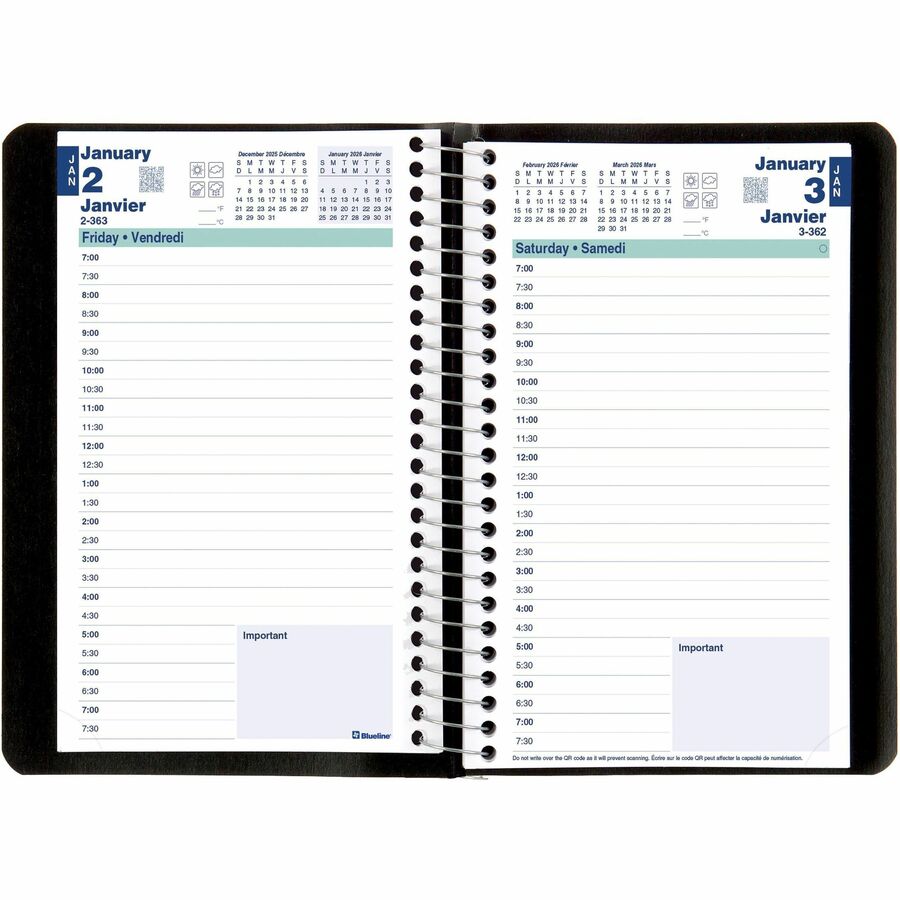 Blueline 2026 Essential 12-Month Daily Planner - January to December - 8" x 5" - Black - Bilingual