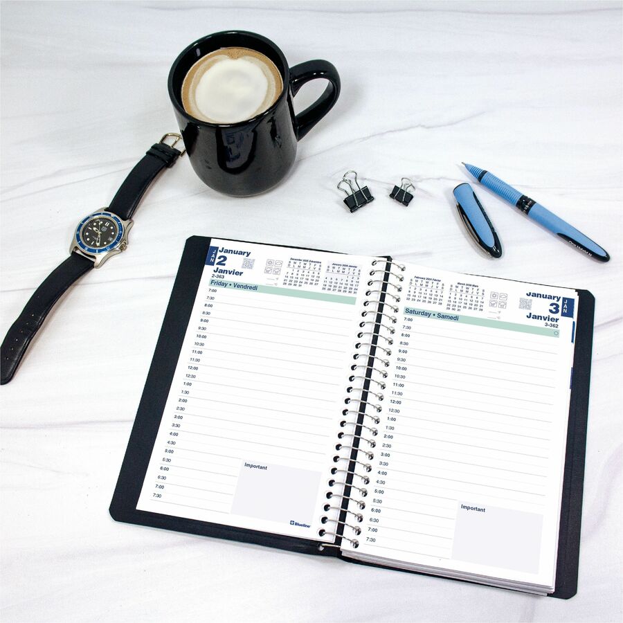 Blueline 2026 Essential 12-Month Daily Planner - January to December - 8" x 5" - Black - Bilingual