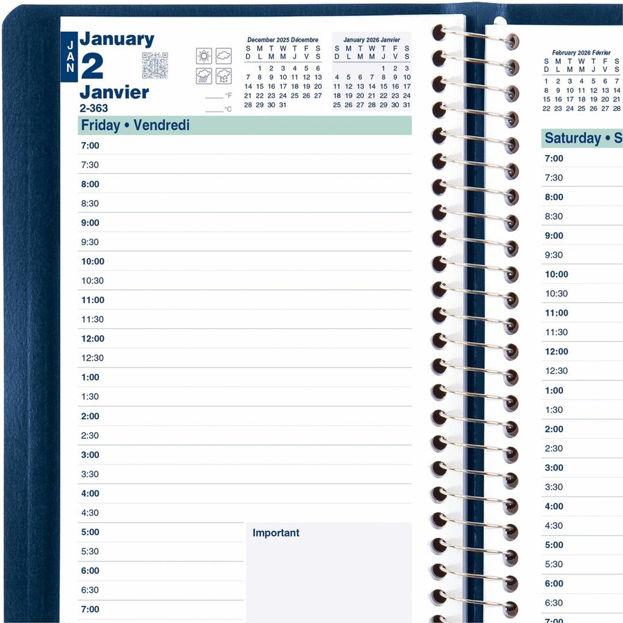 Blueline 2026 Essential 12-Month Daily Planner - January to December - 8" x 5" - Navy Blue - Bilingual