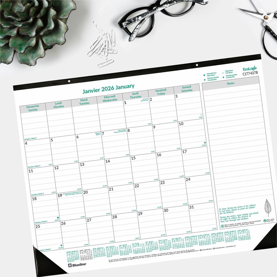 Blueline 2026 EcoLogix Monthly Desk Pad Calendar 22" x 17" — Bilingual