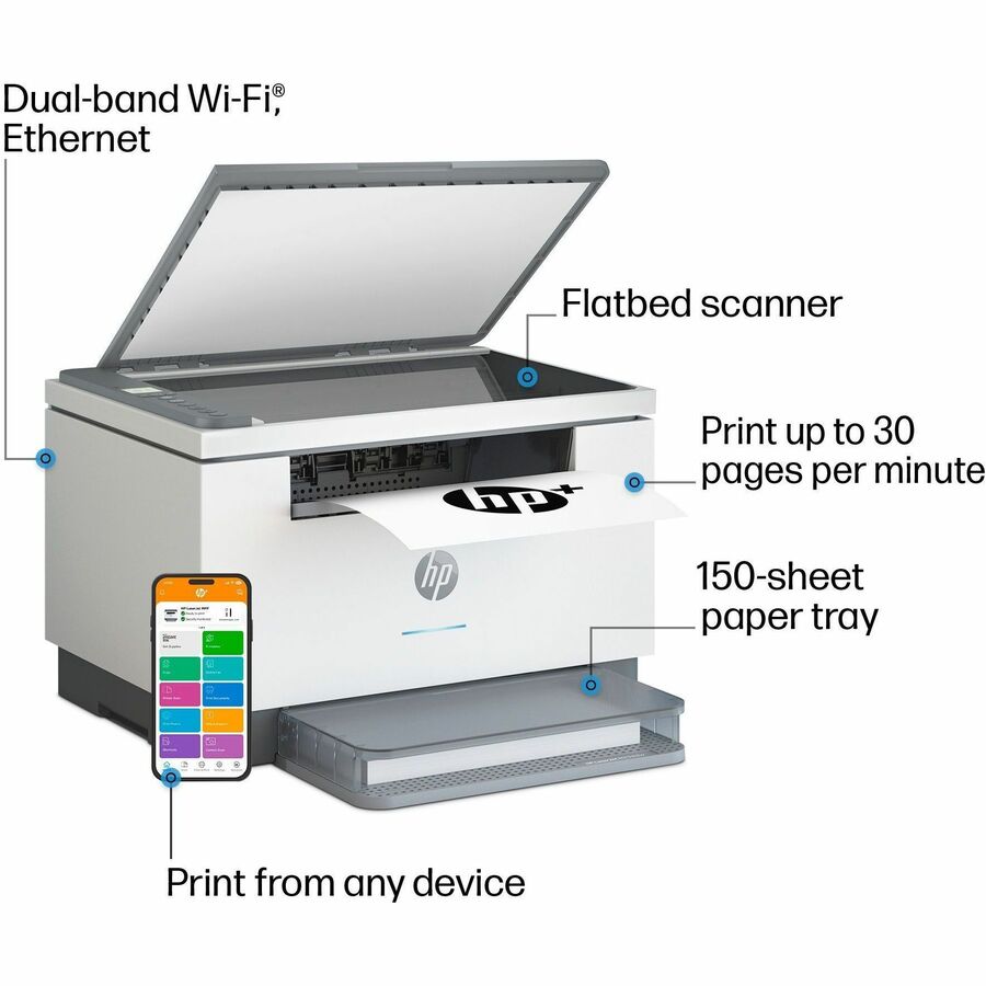 HP LaserJet M234dwe Laser Multifunction Printer-Monochrome-Copier/Scanner-30 ppm Mono Print-600x600 dpi Print-Automatic Duplex Print-20000 Pages-150 sheets Input-Color Flatbed Scanner-600 dpi Optical