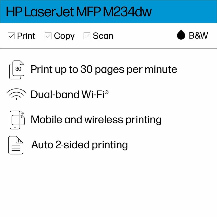 HP LaserJet M234dw Laser Multifunction Printer-Monochrome-Copier/Scanner-30 ppm Mono Print-600x600 dpi Print-Automatic Duplex Print-20000 Pages-150 sheets Input-Color Flatbed Scanner-600 dpi Optical