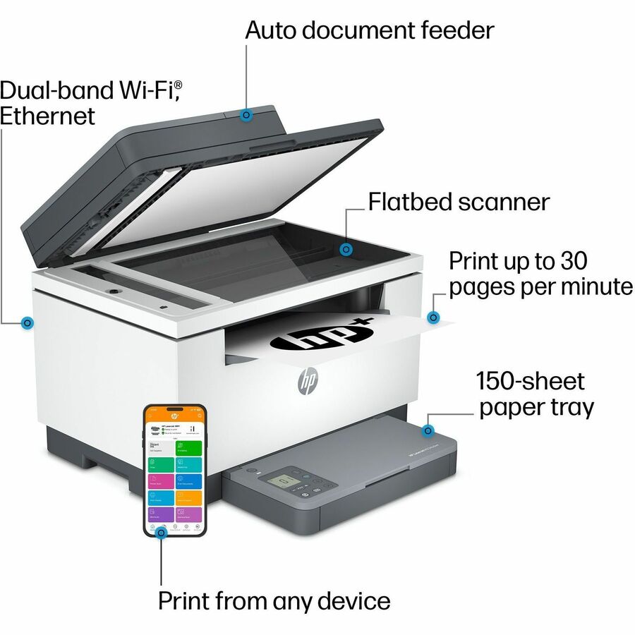 HP LaserJet M234sdwe Laser Multifunction Printer-Monochrome-Copier/Scanner-30 ppm Mono Print-600x600 dpi Print-Automatic Duplex Print-20000 Pages-150 sheets Input-Color Flatbed/CIS Scanner-600 dpi