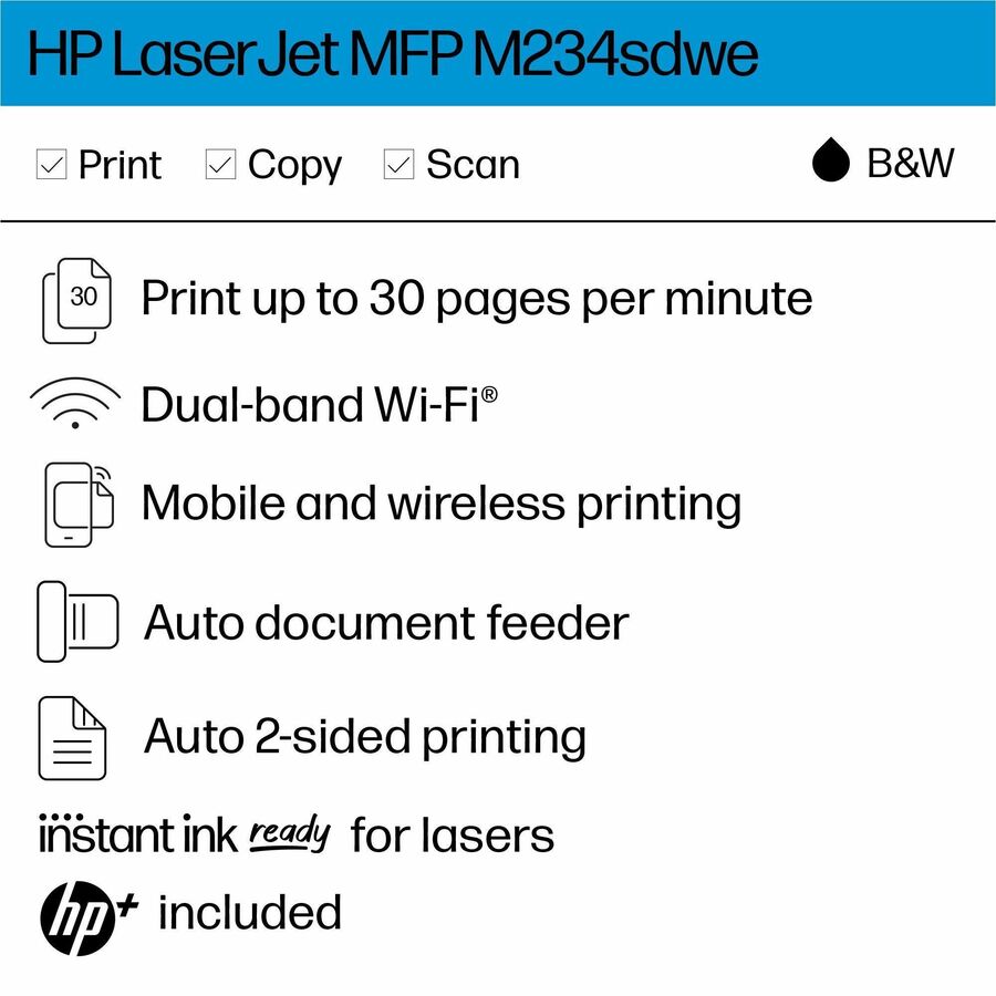 HP LaserJet M234sdwe Laser Multifunction Printer-Monochrome-Copier/Scanner-30 ppm Mono Print-600x600 dpi Print-Automatic Duplex Print-20000 Pages-150 sheets Input-Color Flatbed/CIS Scanner-600 dpi